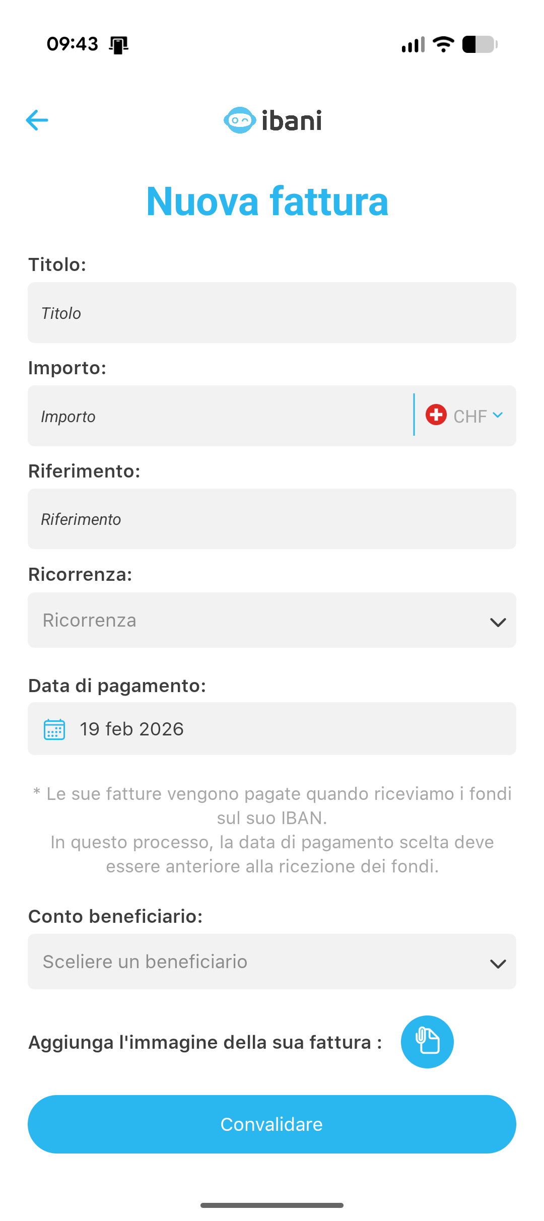 Interfaccia app ibani aggiungi fattura