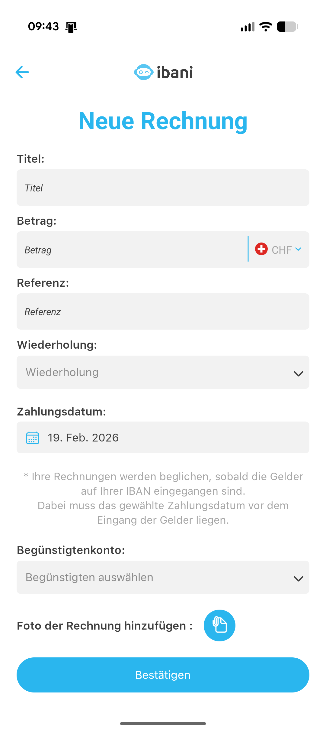 ibani App Rechnung hinzufügen