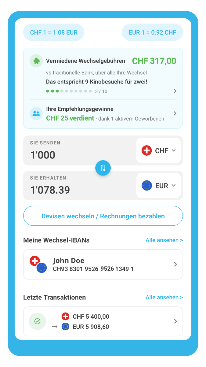 Startbildschirm der ibani-App: Saldo, Kurs und Wechselverwaltung
