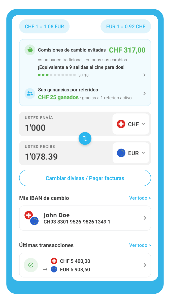 Pantalla de inicio de la app ibani: saldo, tipo de cambio y seguimiento de pagos