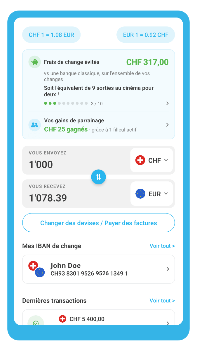Écran d'accueil de l'application ibani : solde, taux et gestion du change