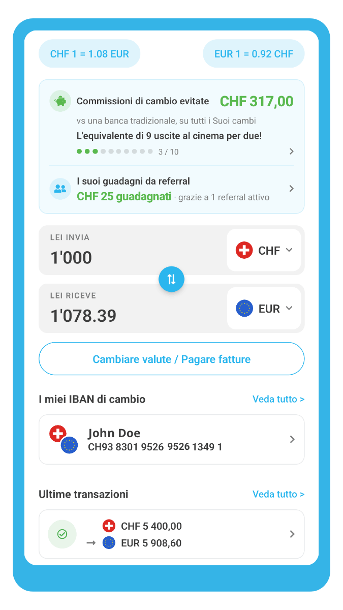 Schermata principale dell'app ibani: saldo, tasso e gestione del cambio