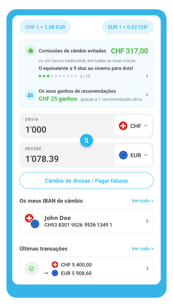 Ecrã inicial da app ibani: saldo, taxa e gestão do câmbio