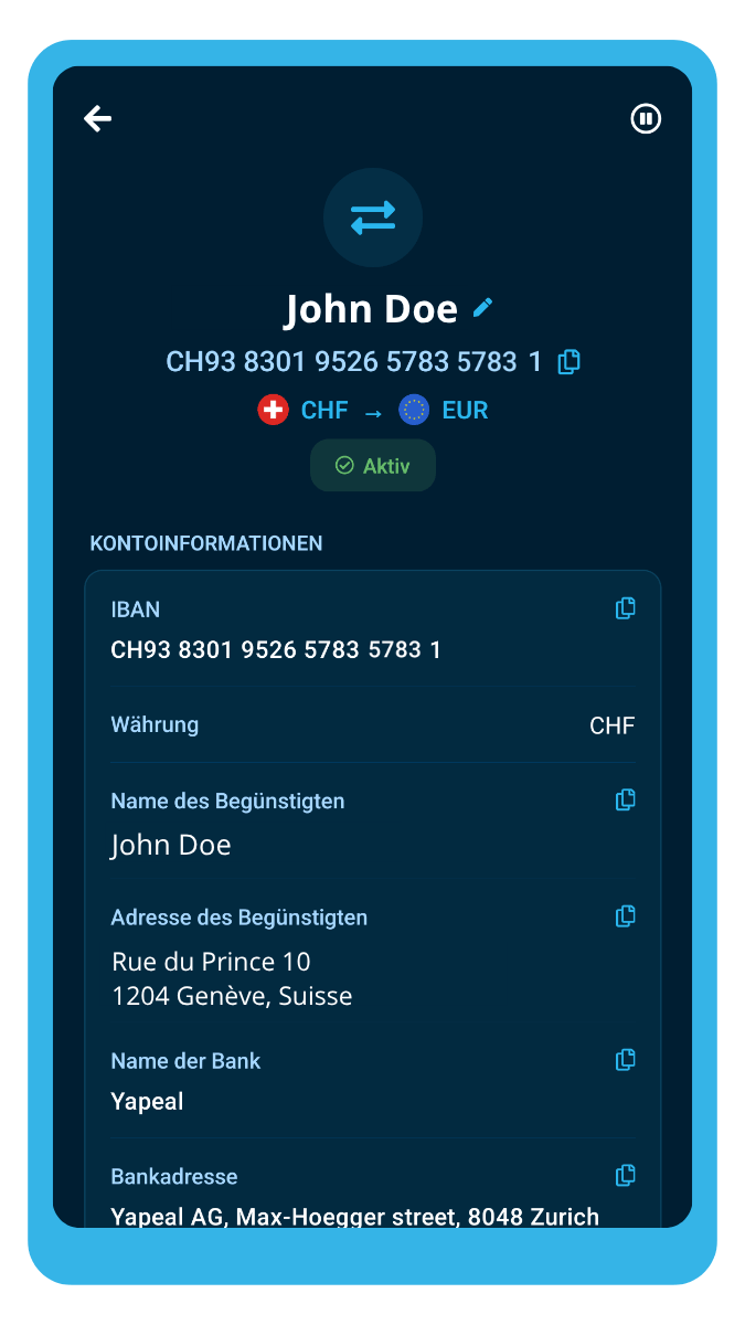 Bildschirm der ibani-App mit der persönlichen Schweizer IBAN