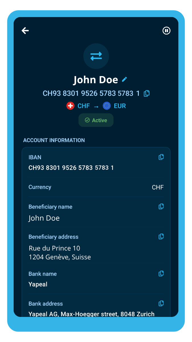 Screen of the ibani app showing the personal Swiss IBAN