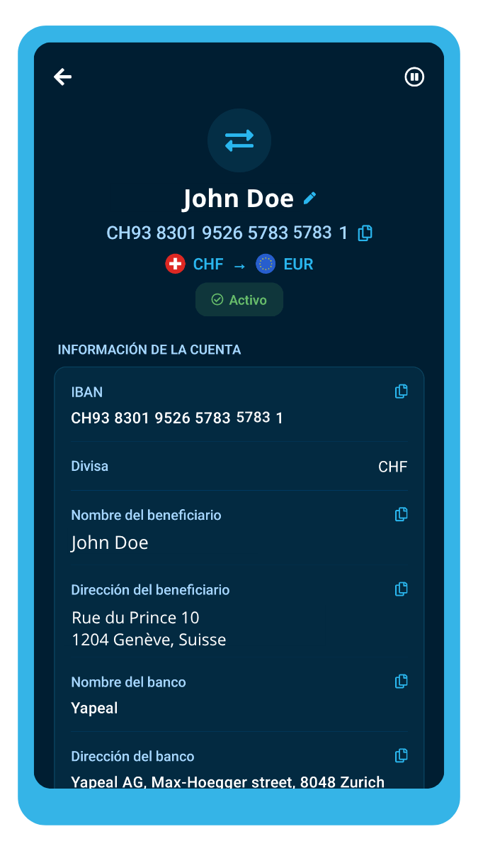 Pantalla de la app ibani que muestra el IBAN suizo nominativo del estudiante