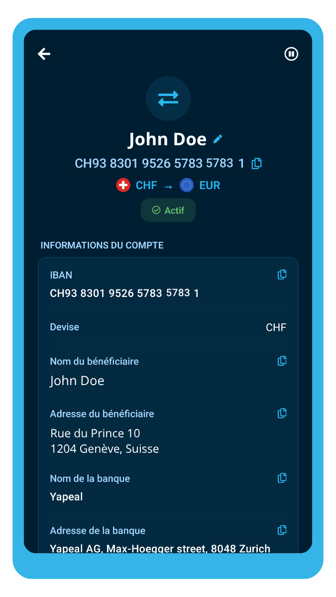 Écran de l'application ibani affichant l'IBAN suisse nominatif du frontalier