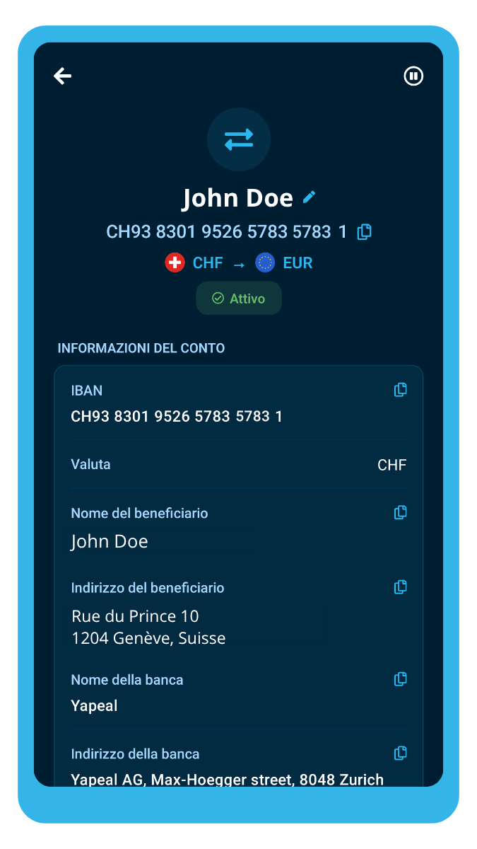 Schermata dell'app ibani con l'IBAN svizzero nominativo