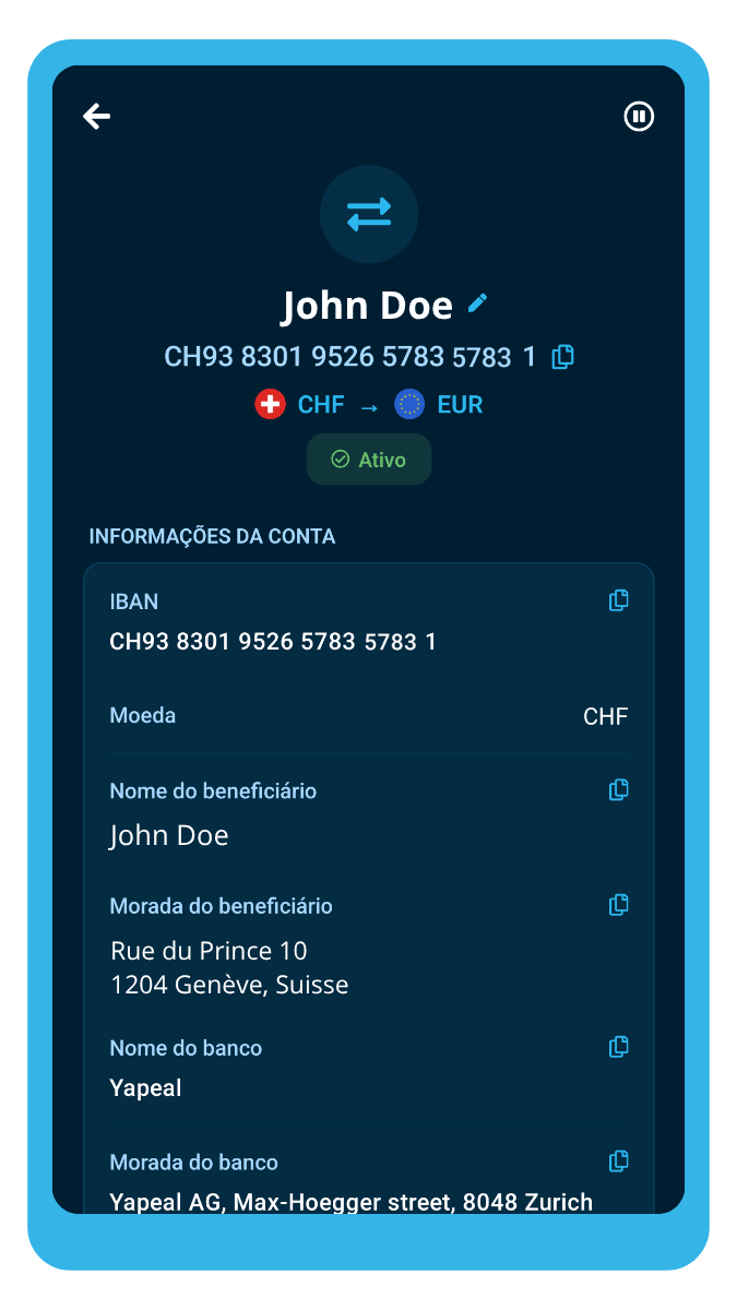 Ecrã da app ibani que mostra o IBAN suíço nominativo