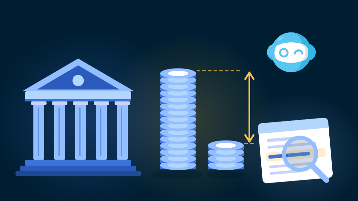 Classical bank façade, two coin stacks comparing the cost of a CHF EUR conversion, bank statement examined under a magnifying glass
