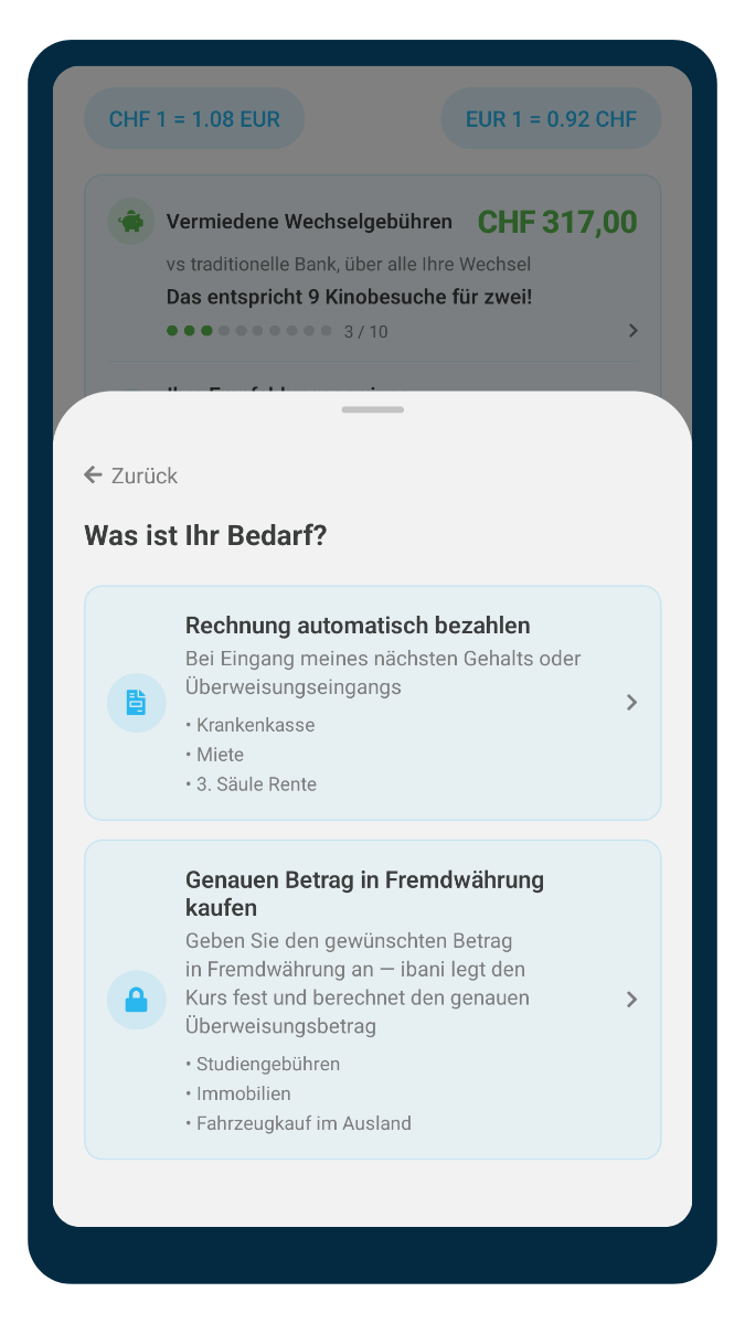 Bildschirm zur Bezahlung Schweizer Rechnungen (Studiengebühren, Miete, Versicherung) in der ibani-App