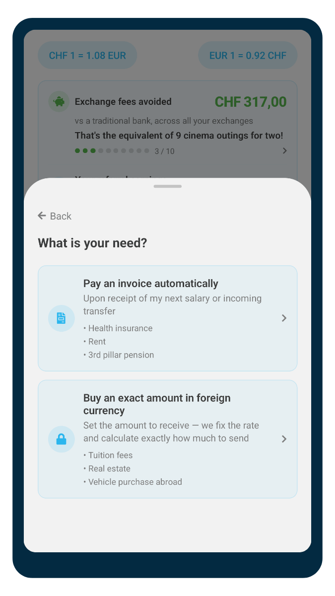 Payment and standing-order screen in the ibani app