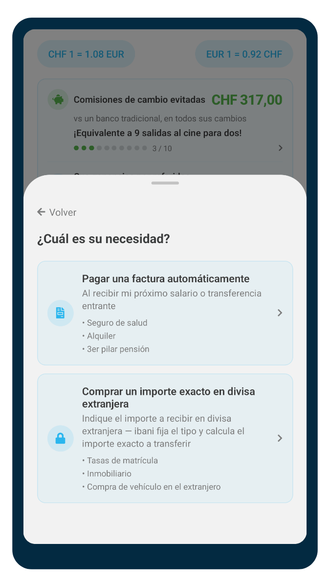 Pantalla de pago de facturas suizas (seguro de enfermedad) en la app ibani
