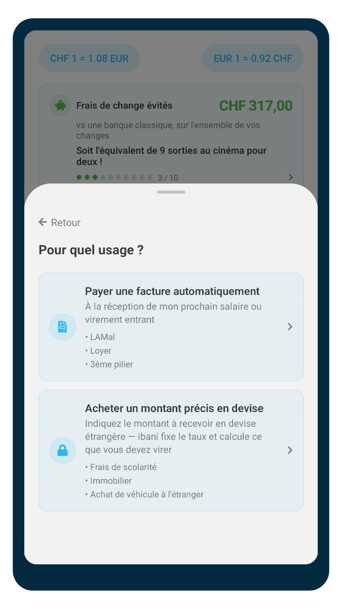 Écran de paiement des factures suisses (LaMal, assurances) dans l'application ibani