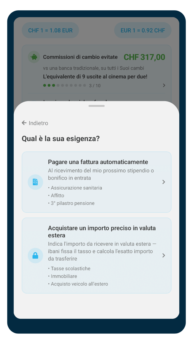 Schermata di pagamento e ordine permanente nell'app ibani