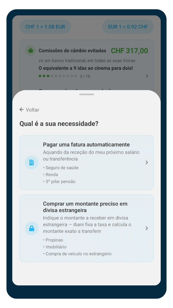Ecrã de pagamento de faturas suíças (propinas, renda, seguro) na app ibani
