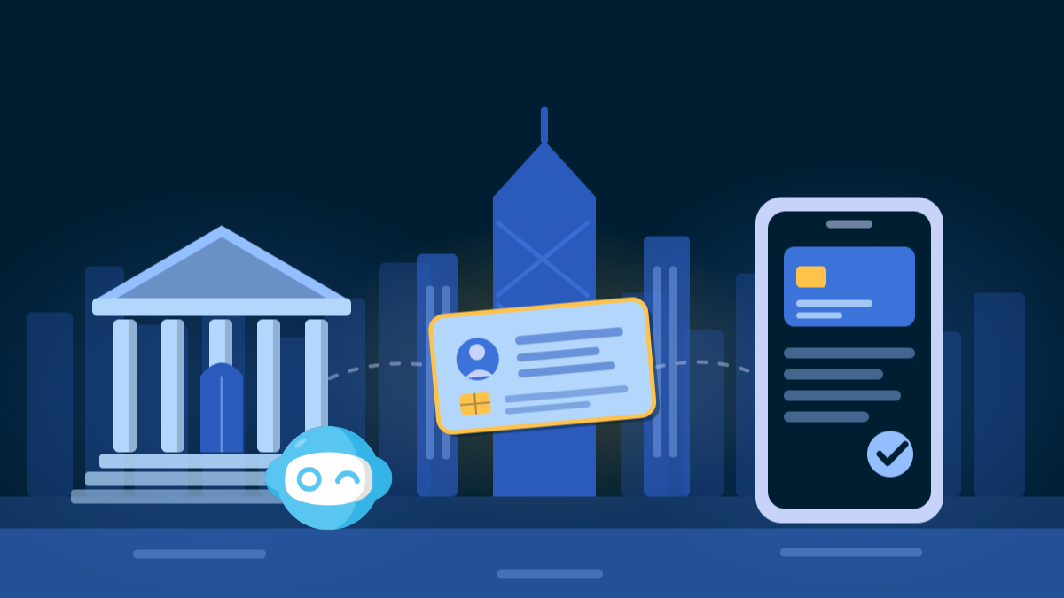 Skyline di Hong Kong tra uno sportello bancario classico e uno smartphone con un conto digitale, carta d'identità di Hong Kong al centro, mascotte ibani